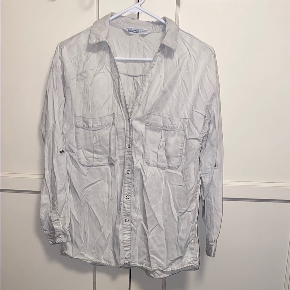 Zara Basic XS Z1975 Denim White Casual V Neck Button Down Shirt